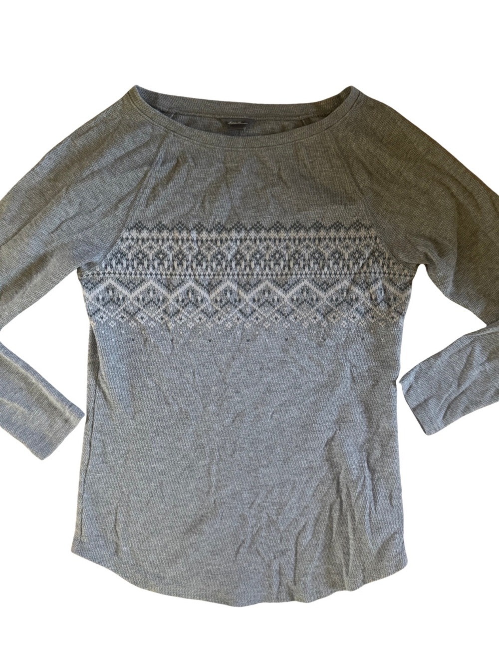 Eddie Bauer Gray Long-Sleeve Knit Top with Fair Isle Yoke